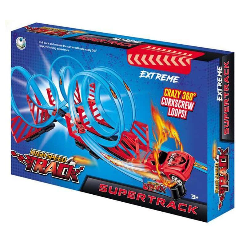 Детска състезателна писта Raya Toys High Speed Track – Високоскоростно трасе с 360-градусови лупинги, Pull-Back механизъм и 2 колички (3+ години)