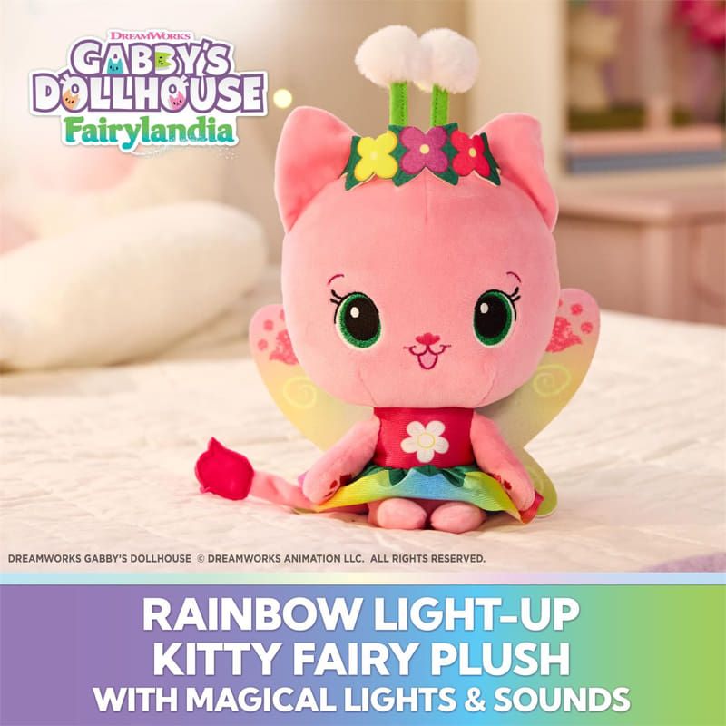 Светеща интерактивна плюшена играчка Gabby's Dollhouse Коте Фея – Музикално-светлинно котенце в дъгова рокля с крилца (35 см)