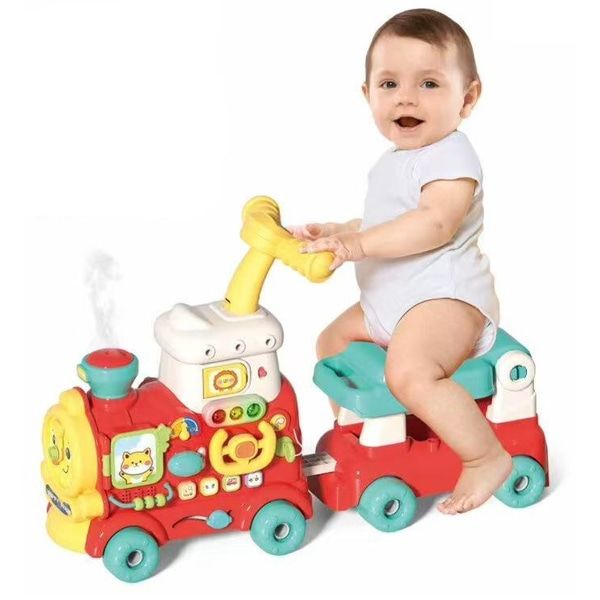 Бебешка проходилка за бутане 5 в 1 Raya Toys Музикален парен влак – Интерактивна играчка за яздене, дърпане, сортер, образователен център с истинска пара, светлини и звуци (18+ месеца)