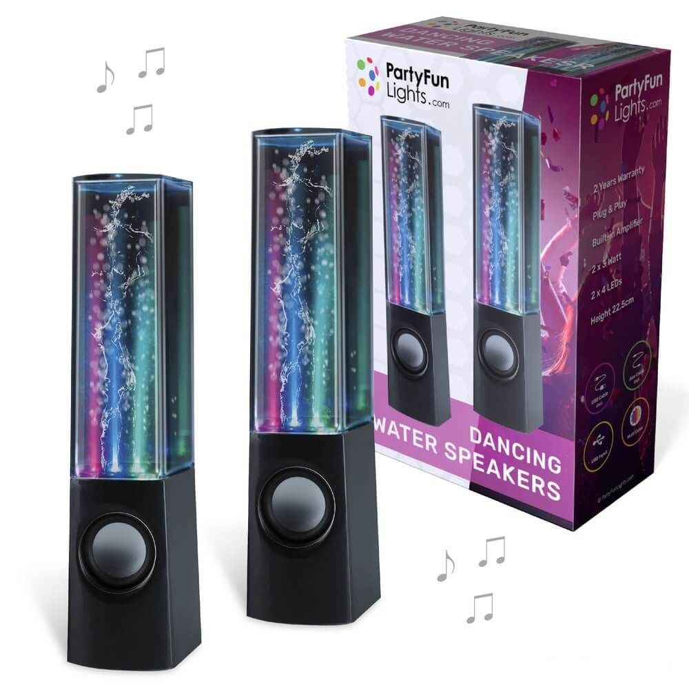 Интерактивни танцуващи водни тонколони Zynora Water Fountain LED Speakers – Комплект 2 броя аудио високоговорители с водни фонтани, цветни светлини и AUX свързаност