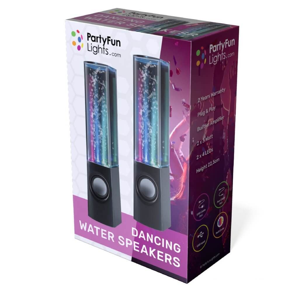 Интерактивни танцуващи водни тонколони Zynora Water Fountain LED Speakers – Комплект 2 броя аудио високоговорители с водни фонтани, цветни светлини и AUX свързаност