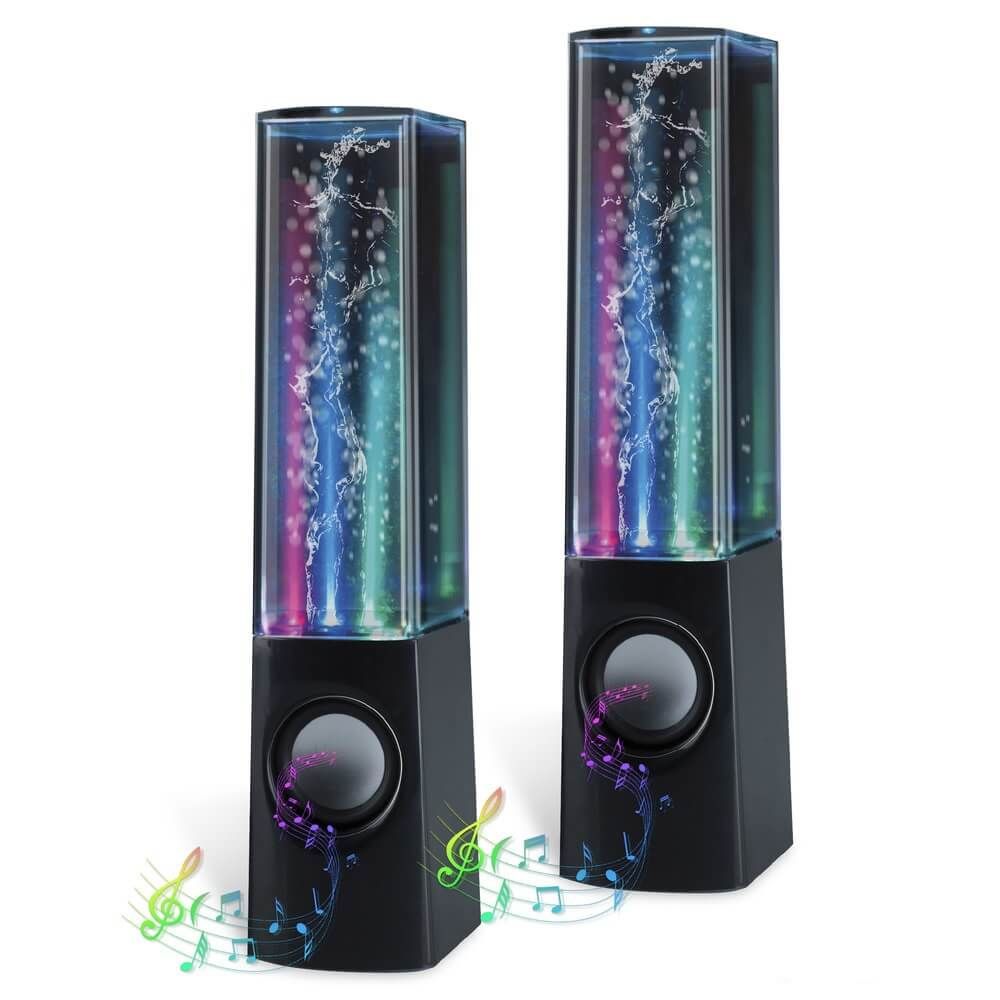 Интерактивни танцуващи водни тонколони Zynora Water Fountain LED Speakers – Комплект 2 броя аудио високоговорители с водни фонтани, цветни светлини и AUX свързаност