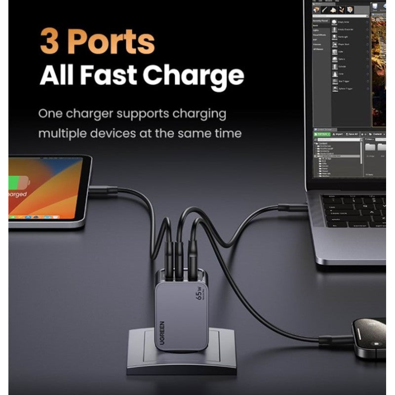 УНИВЕРСАЛНО ЗАРЯДНО УСТРОЙСТВО X755 220V 2xUSB-C 1xUSB A GaN 65W UGREEN