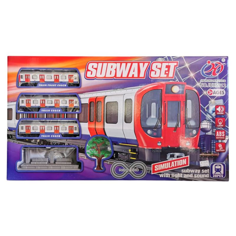 Детски игрален комплект Метро със релси Subway Set (38 части) – Интерактивен градски влак с 3 вагона, метростанция, светлини, звуци и аксесоари (3+ години)