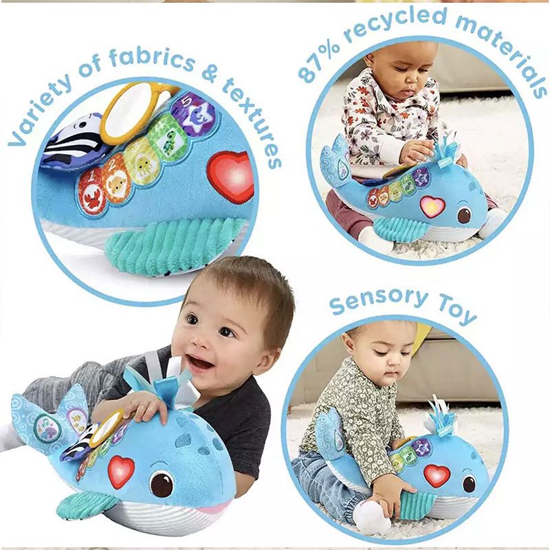 Бебешка мека интерактивна играчка VTech Snuggly Ocean Whale – Плюшен кит с пиано клавиши, 9 песни, 15 мелодии и фрази на английски език (3–24 месеца)