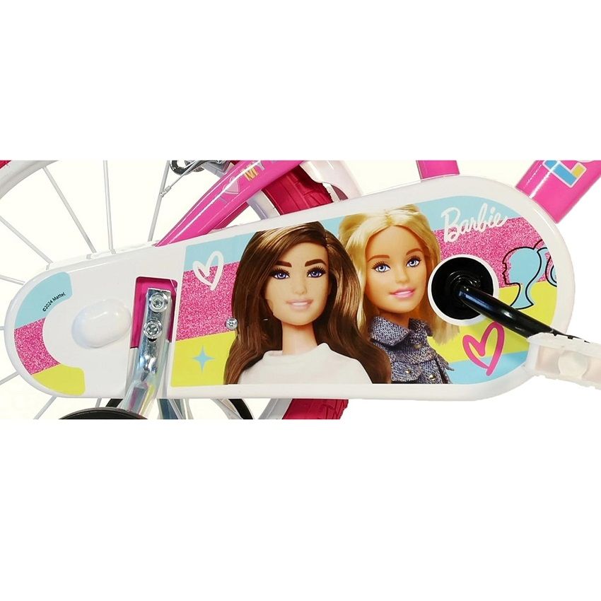 Детско колело с помощни колела Dino Bikes Barbie 14 инча – Премиум стоманен велосипед с помпащи гуми, две спирачки, преден кош и седалка за кукла (4-7 години)