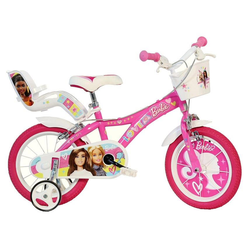 Детско колело с помощни колела Dino Bikes Barbie 14 инча – Премиум стоманен велосипед с помпащи гуми, две спирачки, преден кош и седалка за кукла (4-7 години)