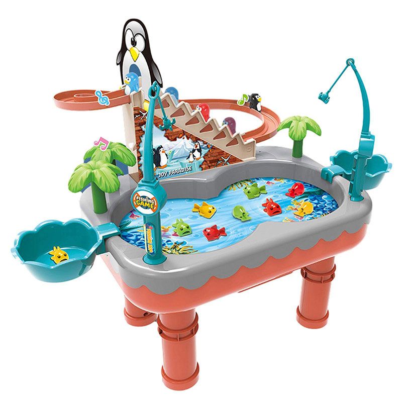 Детска музикална игра 2-в-1 Zynora Fishing &amp; Penguin Oasis – Интерактивна маса за риболов с воден ефект и автоматична пързалка с пингвини (3+ години)