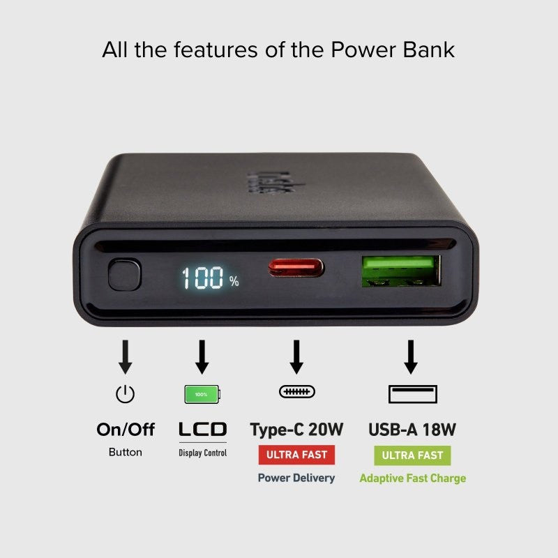 POWER BANK(ВЪНШНА БАТЕРИЯ)10000mAh,1xUSB C,1xUSB A,PD 20W,LCD SBS