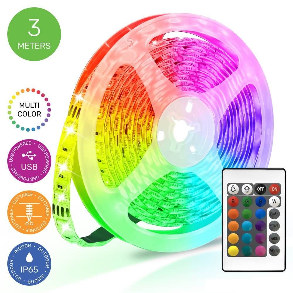 Многоцветна водоустойчива RGB LED лента Zynora 3M – USB захранване, IP65, 90 светодиода, 16 цвята, дистанционно управление и самозалепваща подложка