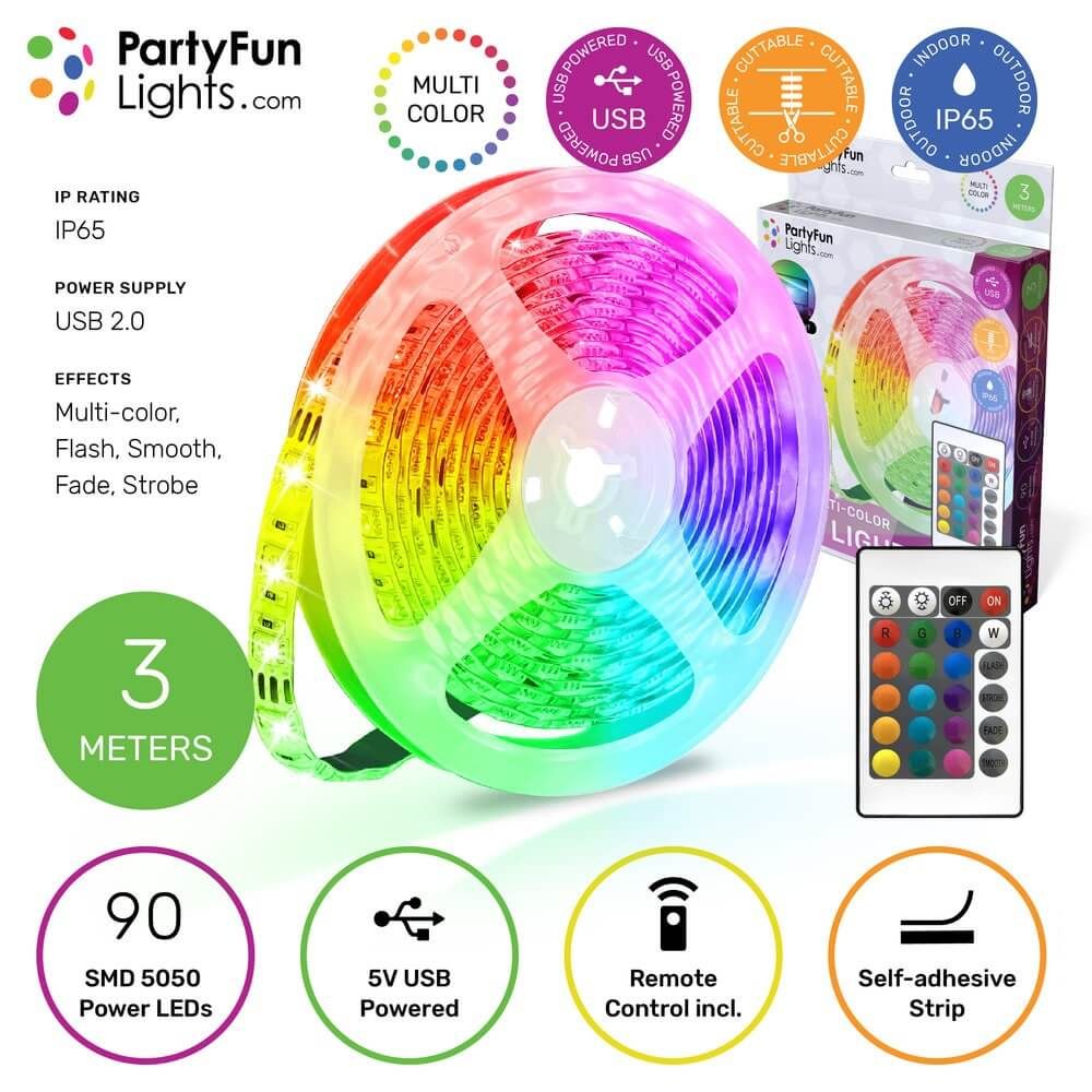 Многоцветна водоустойчива RGB LED лента Zynora 3M – USB захранване, IP65, 90 светодиода, 16 цвята, дистанционно управление и самозалепваща подложка