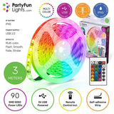 Многоцветна водоустойчива RGB LED лента Zynora 3M – USB захранване, IP65, 90 светодиода, 16 цвята, дистанционно управление и самозалепваща подложка