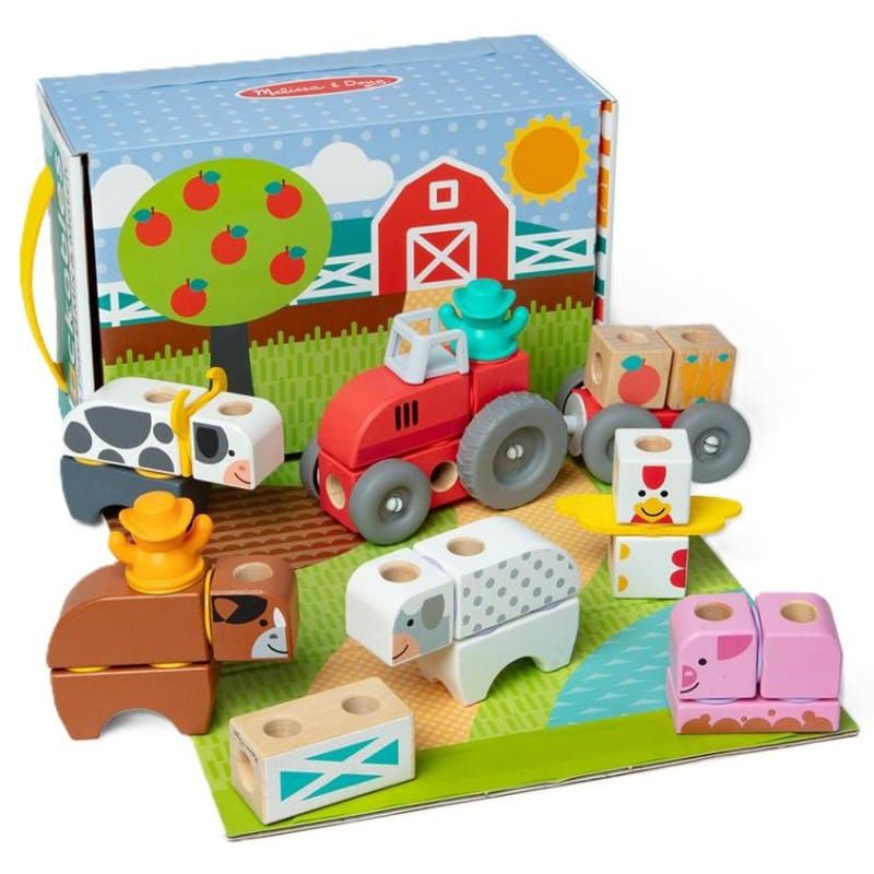 Детски дървен конструктор Melissa &amp; Doug Blockables Ферма – Преносим комплект за сглобяване с конектори, фигурки и аксесоари (54+ части)