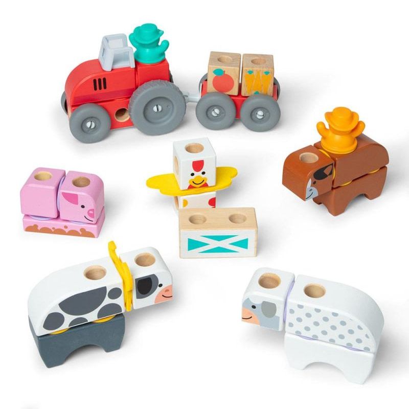 Детски дървен конструктор Melissa &amp; Doug Blockables Ферма – Преносим комплект за сглобяване с конектори, фигурки и аксесоари (54+ части)