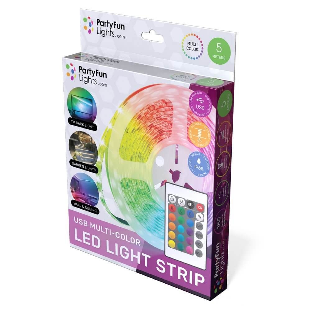 Многоцветна водоустойчива RGB LED лента Zynora 5M – USB захранване, IP65, 150 светодиода, 16 цвята, дистанционно управление и самозалепваща подложка