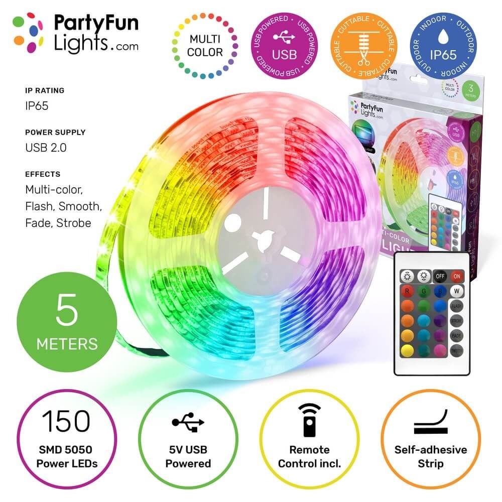 Многоцветна водоустойчива RGB LED лента Zynora 5M – USB захранване, IP65, 150 светодиода, 16 цвята, дистанционно управление и самозалепваща подложка