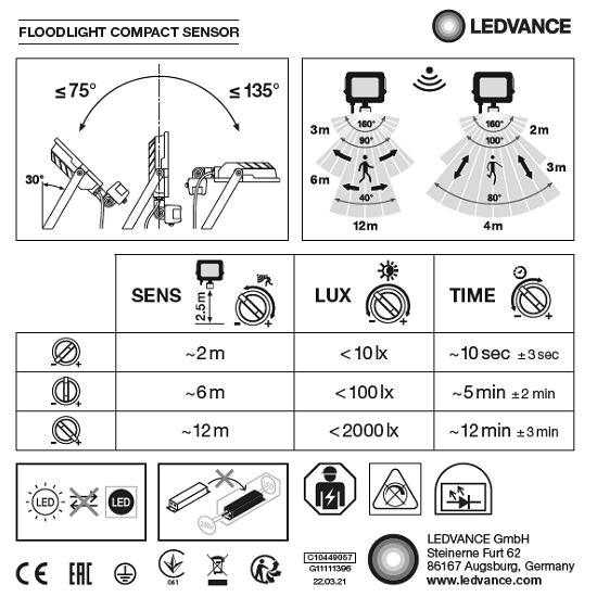 OSRAM - LED Прожектор със сензор COMPAKT, 10W 900lm 3000K IP65, цвят черен