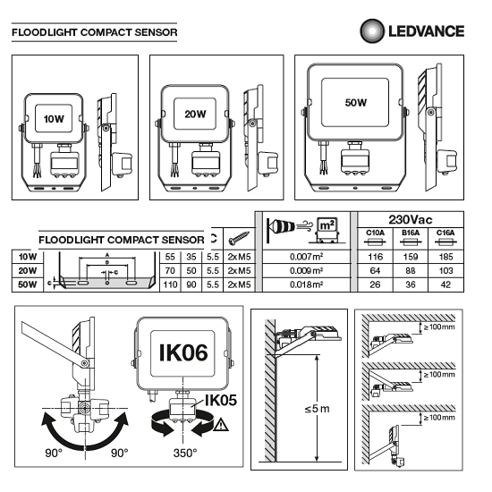 OSRAM - LED Прожектор със сензор COMPAKT, 50W 4500lm 3000K IP65, цвят черен