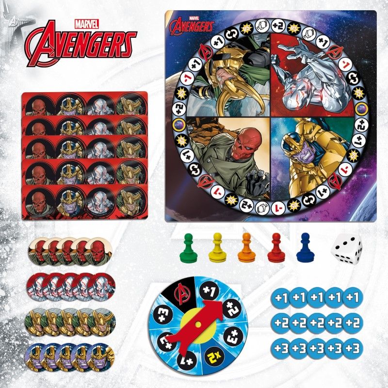 Детска настолна игра Zynora Avengers Unite – Епична супергеройска битка с карти, жетони и спинъри срещу Танос и злодеите на Marvel (7+ години)