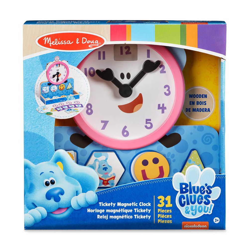 Детски дървен интерактивен часовник Blue’s Clues & You! Tickety Tock – Образователен магнитен комплект за учене на часа и емоциите (3-5 години)