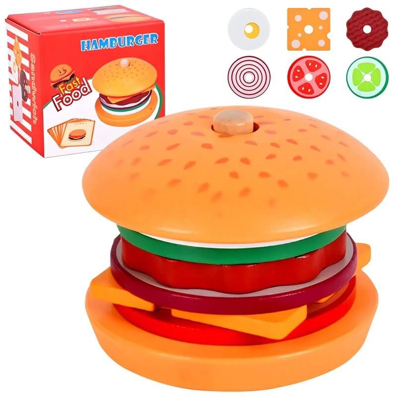 Детски дървен монтесори комплект Zynora Burger Master – Образователна игра за подреждане на хамбургер с 10 карти с мисии от дърво (3+ години)