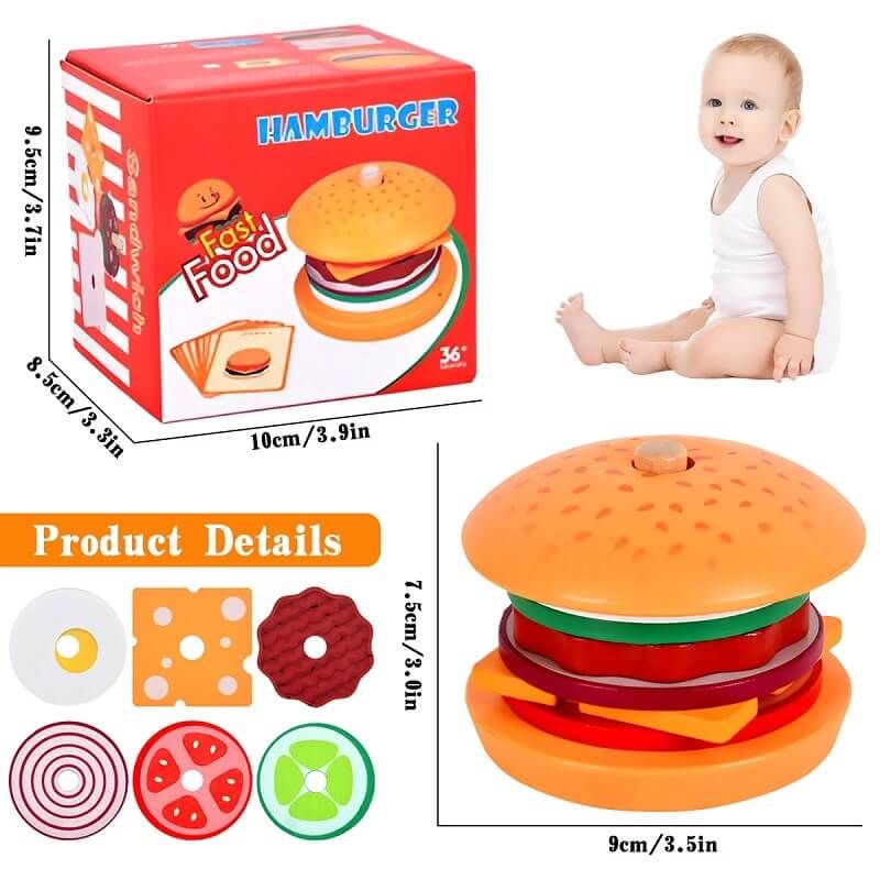 Детски дървен монтесори комплект Zynora Burger Master – Образователна игра за подреждане на хамбургер с 10 карти с мисии от дърво (3+ години)