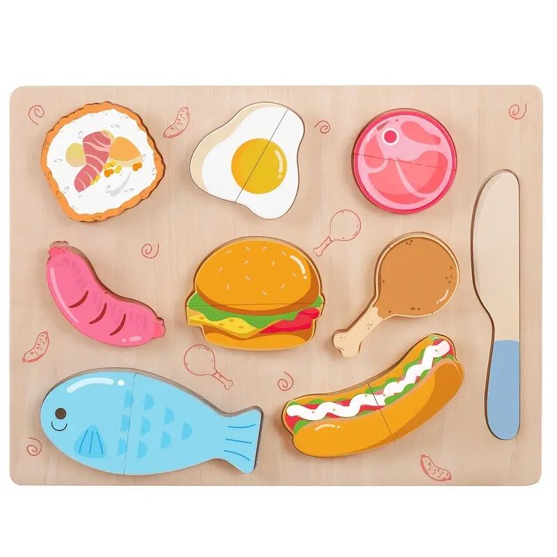 Детски дървен комплект за рязане на храна Zynora Kitchen Fun – Комплект от 8 хранителни продукта (16 части) с дъска и нож от масивно дърво (3+ години)