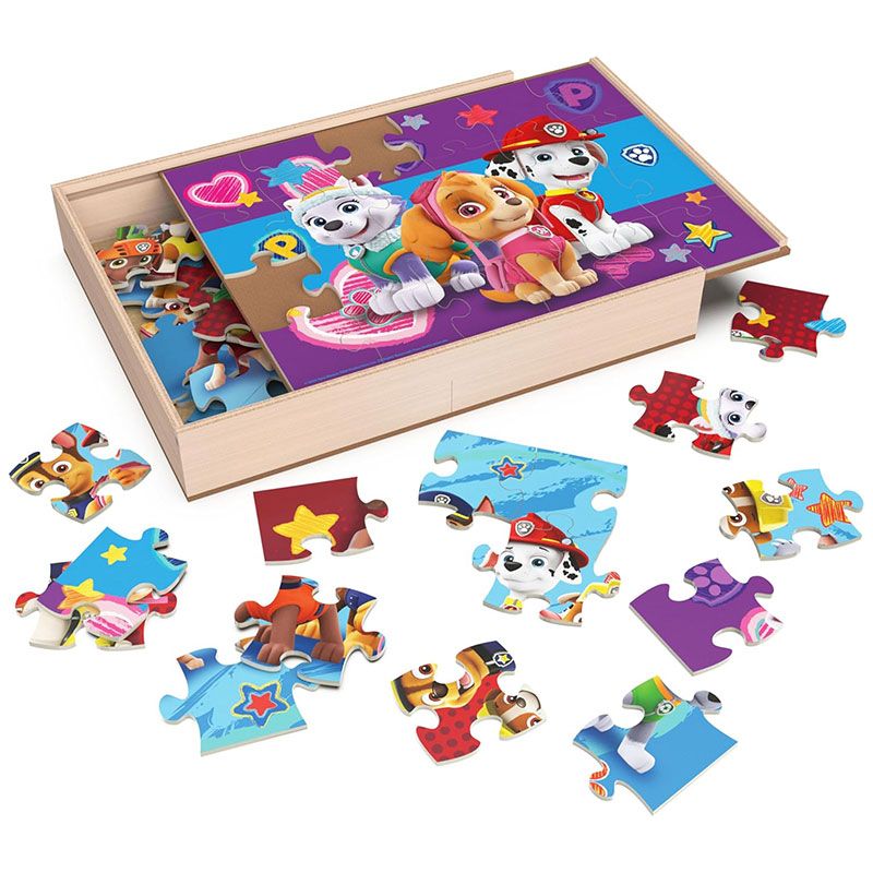 Детски дървен комплект пъзели Zynora Paw Patrol: Pawsome Trio – Премиум комплект от 3 пъзела по 24 части с Чейс, Маршал и Скай в дървена кутия (3+ години)