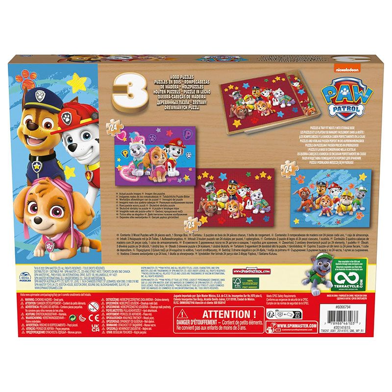 Детски дървен комплект пъзели Zynora Paw Patrol: Pawsome Trio – Премиум комплект от 3 пъзела по 24 части с Чейс, Маршал и Скай в дървена кутия (3+ години)