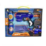 Детски пистолет с меки стрели Soft-Shot Gun – Комплект с 10 бр. дунапренени патрона и 2 бр. кенчета-мишени (8+ години)