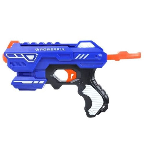 Детски пистолет с меки стрели Soft-Shot Gun – Комплект с 10 бр. дунапренени патрона и 2 бр. кенчета-мишени (8+ години)