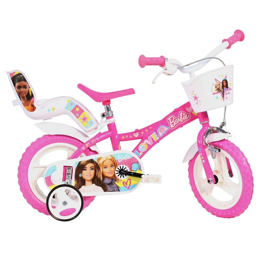 Детско колело с помощни колела Dino Bikes Barbie 12 инча – Италиански пластмасов/стоманен велосипед с кошничка, седалка за кукла и EVA гуми (3-5 години)