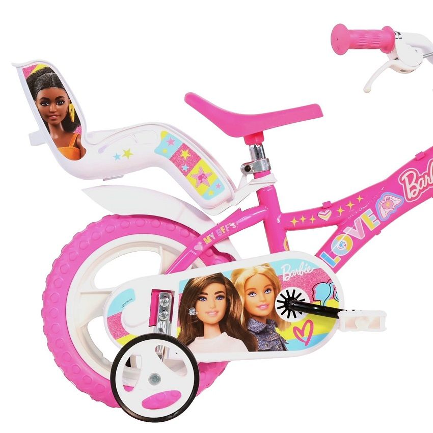 Детско колело с помощни колела Dino Bikes Barbie 12 инча – Италиански пластмасов/стоманен велосипед с кошничка, седалка за кукла и EVA гуми (3-5 години)