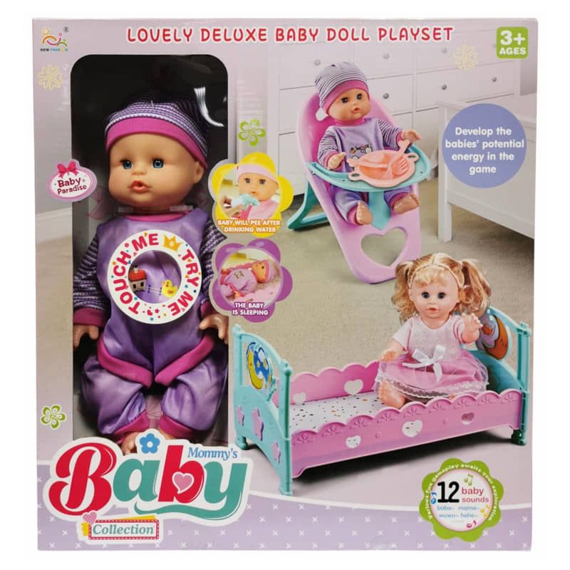 Интерактивен бебешки комплект 3в1 Mommy's Baby – Кукла със звуци, пишкаща функция, легло и столче за хранене (33 см)