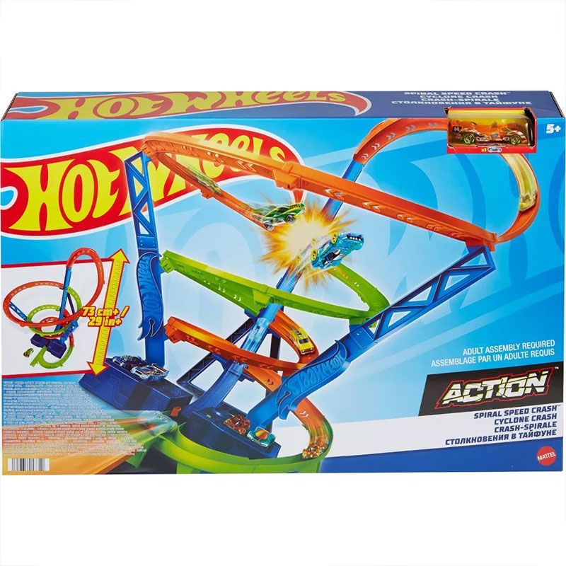 Моторизирана писта Hot Wheels Action: Spiral Speed Crash – Гигантска спирална писта с мощен бустер, 3 зони за сблъсък и височина 74 см (5+ години)