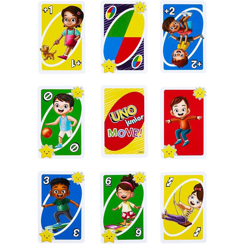 Детска игра с карти Zynora UNO Junior Move – Интерактивна и активна настолна игра с животни, числа и движение (3 години +)