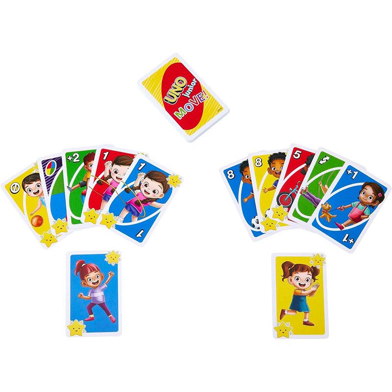 Детска игра с карти Zynora UNO Junior Move – Интерактивна и активна настолна игра с животни, числа и движение (3 години +)