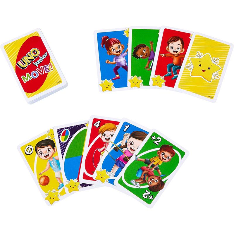 Детска игра с карти Zynora UNO Junior Move – Интерактивна и активна настолна игра с животни, числа и движение (3 години +)