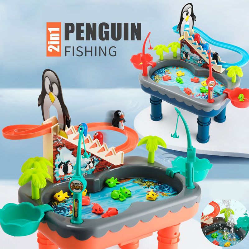Детска музикална игра 2-в-1 Zynora Fishing &amp; Penguin Oasis – Интерактивна маса за риболов с воден ефект и автоматична пързалка с пингвини (3+ години)