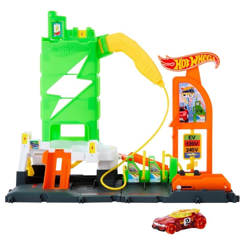 Детски комплект Hot Wheels City: Downtown Fuel Stop – Бензиностанция със зарядни станции, 10 паркоместа и количка (4+ години)