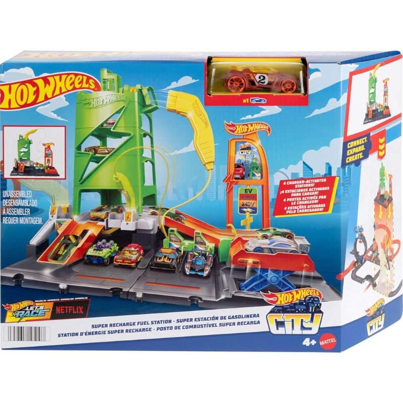 Детски комплект Hot Wheels City: Downtown Fuel Stop – Бензиностанция със зарядни станции, 10 паркоместа и количка (4+ години)