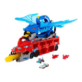 Детски комплект Hot Wheels City: Ultimate Dual Dragon Transporter – Двоен дракон автовоз с трансформираща се двулентова писта (85+ см) и 2 колички (4+ години)