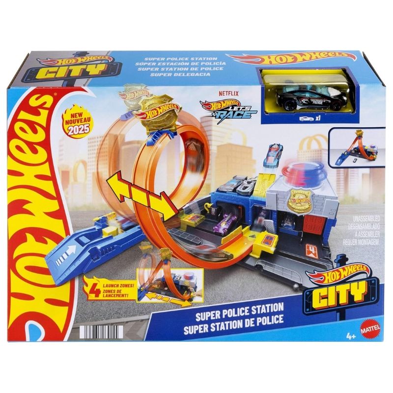 Детски комплект Hot Wheels City: Super Police Station – Интерактивен полицейски участък с 4 екшън маршрута, регулируема писта и полицейска количка (4+ години)