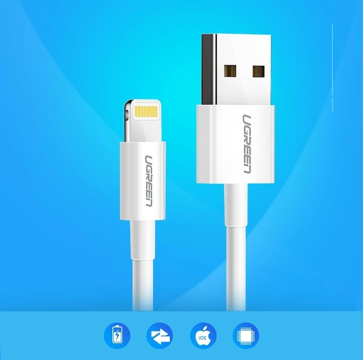Кабел Ugreen, USB към Lightning MFI, 20cm, 2.4A, бял