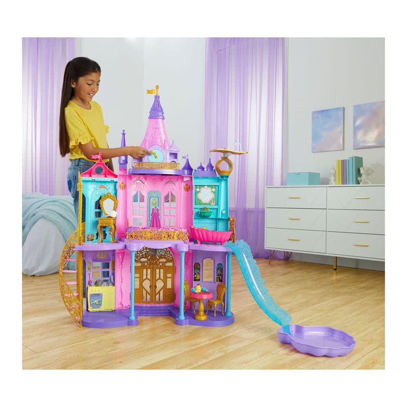 Огромен интерактивен замък за кукли Disney Princess Magical Adventures Castle 3в1 – Многоетажен светещ замък със звуци и 25+ аксесоара (122 см)