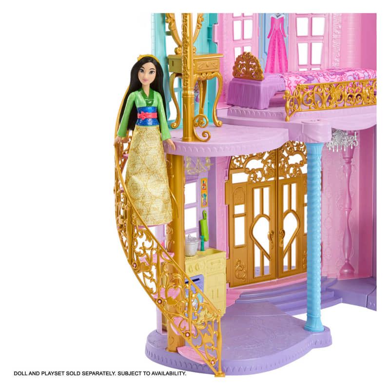 Огромен интерактивен замък за кукли Disney Princess Magical Adventures Castle 3в1 – Многоетажен светещ замък със звуци и 25+ аксесоара (122 см)