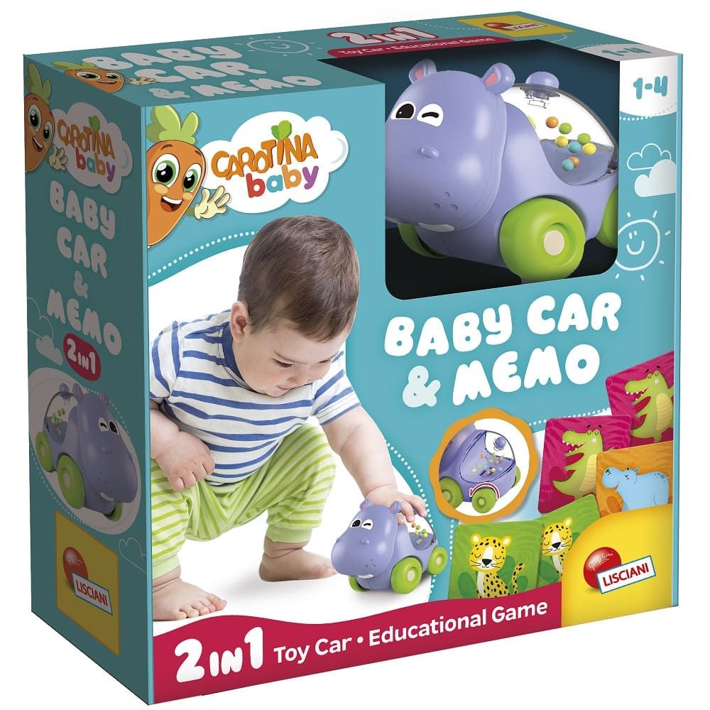 Бебешки образователен комплект Lisciani Carotina Baby: Hippo Car &amp; Memo – Интерактивна количка-хипопотам и първа мемо игра с карти за памет (1-4 години)