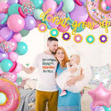 Комплект балони за украса Zynora Donut Party – 120 броя пастелни и фолиеви балони Поничка за арки, гирлянди и детски рождени дни