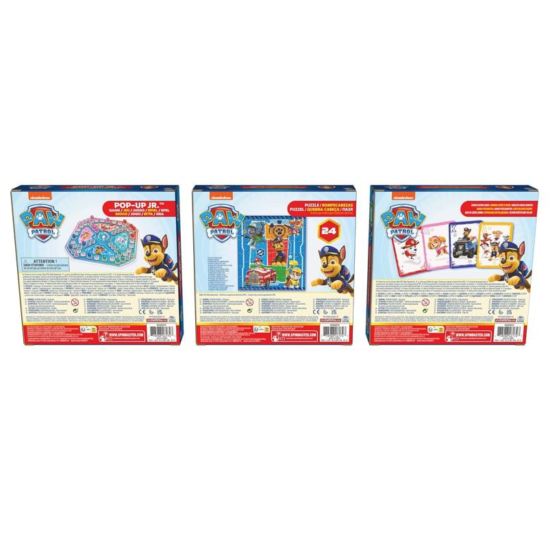 Мега семеен комплект 3 в 1 Zynora Paw Patrol – Настолна игра "Не се сърди човече", Jumbo карти и детски пъзел от 24 части (4 години +)