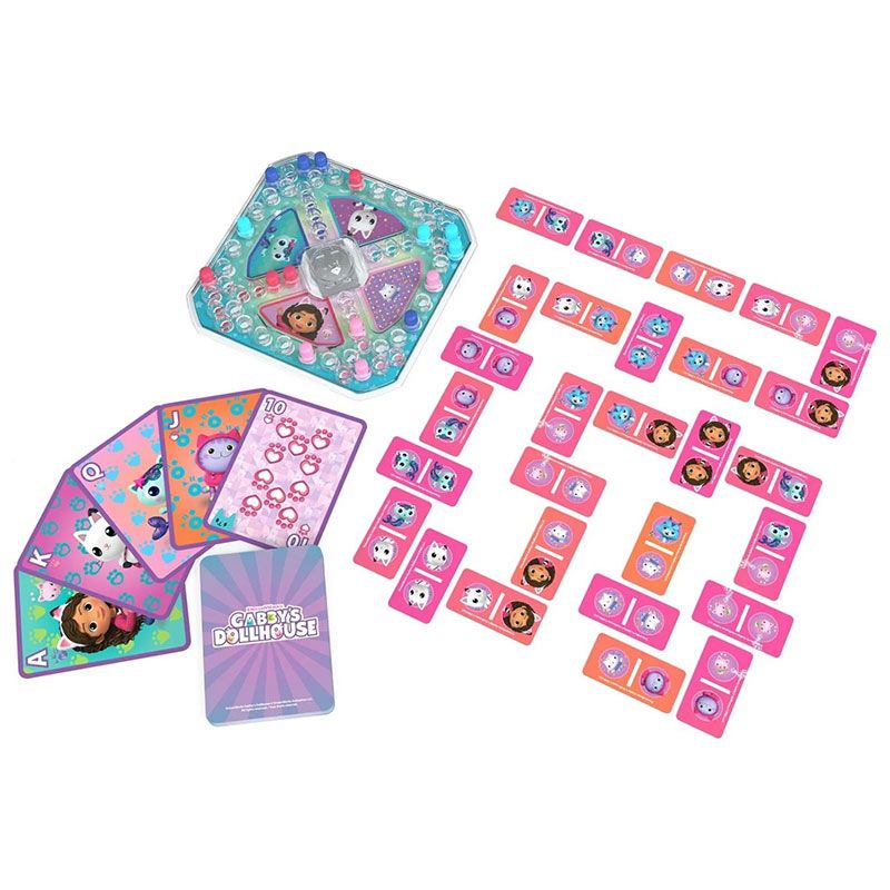 Детски комплект настолни игри 3-в-1 Zynora Gabby’s Dollhouse – Лицензирана семейна селекция с „Не се сърди човече“, Домино и Джъмбо карти (4+ години)